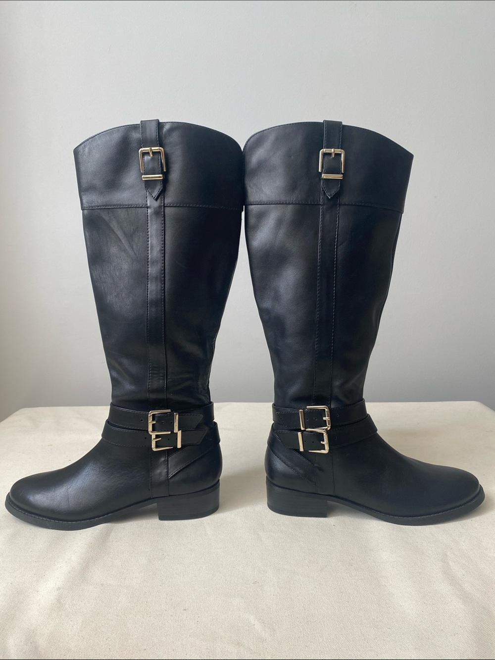 INC International Concepts Black Over-the-Knee Riding Boots with Gold Buckles